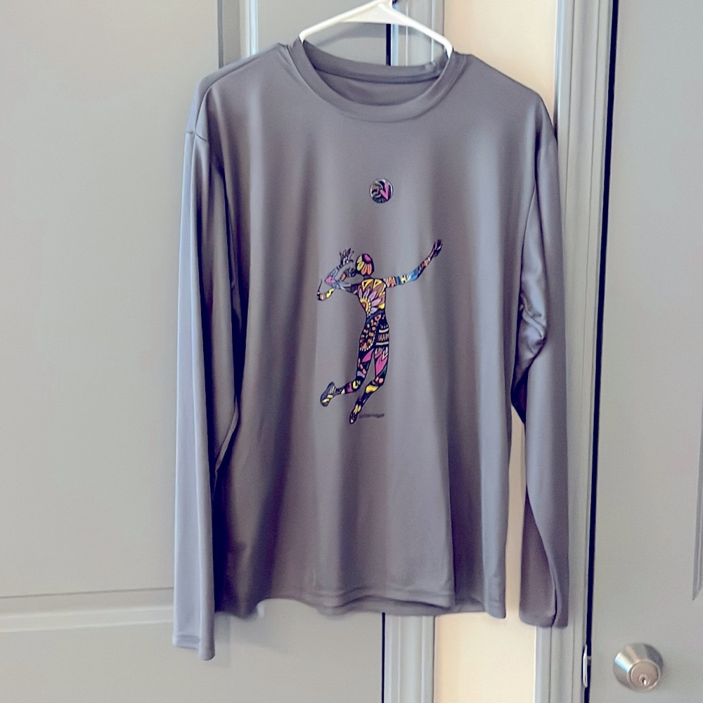 Grey long sleeve sports shirt. Volleyball image on front. Super cute! And comfy